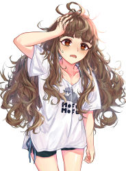 Rule 34 | 1girl, absurdres, bad id, bad pixiv id, bags under eyes, blunt bangs, blush, brown eyes, brown hair, character print, collarbone, curly hair, drooling, hand on own head, highres, idolmaster, idolmaster cinderella girls, kamiya nao, long hair, messy hair, open mouth, print shirt, shino sto, shirt, shorts, side-tie shorts, simple background, solo, sweatdrop, t-shirt, thick eyebrows, white background