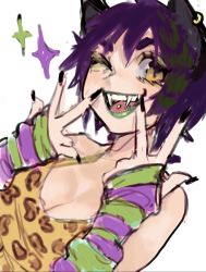 Rule 34 | :d, animal ears, animal print, black nails, breasts, cenketsu, commission, commissioner upload, fangs, fingerless gloves, gloves, green lips, highres, large breasts, nail polish, one eye closed, open mouth, original, piercing, purple hair, raver, short hair, smile, solo, tank top, tongue piercing, white background