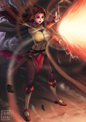 Rule 34 | 1girl, brown hair, cape, commentary, commission, fantasy, fireball, full body, highres, long hair, magic, magic circle, original, red eyes, ryu shou, sheath, sheathed, solo, standing, sword, vambraces, weapon