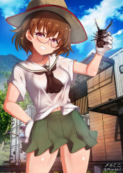 Rule 34 | 1girl, beetle, blue eyes, blush, breasts, brown hair, bug, collarbone, freckles, girls und panzer, glasses, gloves, green skirt, grin, hand on own hip, hat, highres, insect, megadeko, miniskirt, nakajima (girls und panzer), navel, ooarai school uniform, outdoors, pleated skirt, school uniform, short hair, skirt, sky, small breasts, smile, stag beetle, straw hat, white gloves