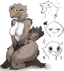 Rule 34 | 1girl, beak, enigi09, female focus, furry, furry female, no nipples, nude, open mouth, original, solo, squiggle, v arms, yellow eyes