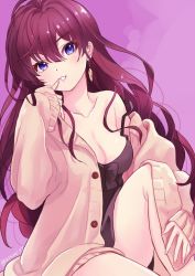Rule 34 | 10s, 1girl, asami yuriko, bare shoulders, black dress, breasts, brown hair, cardigan, cleavage, dress, earrings, ichinose shiki, idolmaster, idolmaster cinderella girls, jewelry, long hair, looking at viewer, open clothes, parted lips, purple eyes, simple background, sitting, smile, solo, thighs