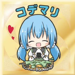 Rule 34 | 1girl, :d, ^ ^, bikkuriman (style), blue hair, blush, character name, chibi, closed eyes, collared shirt, facing viewer, flower knight girl, food, full body, green skirt, hair ornament, heart, holding, holding food, kodemari (flower knight girl), long hair, long sleeves, low twintails, onigiri, open mouth, parody, ri-net, shirt, skirt, smile, solo, twintails, very long hair, white shirt