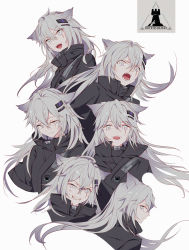 Rule 34 | 1girl, :d, animal ears, arknights, black jacket, cropped torso, fangs, from side, grey eyes, grin, hair between eyes, hair ornament, hairclip, high collar, highres, jacket, lappland (arknights), long hair, looking at viewer, multiple views, open mouth, profile, silver hair, simple background, smile, uneven eyes, upper body, vanink, white background, wolf ears