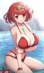 Rule 34 | absurdres, alternate costume, bikini, breasts, chest jewel, gonzarez, highres, huge breasts, pyra (xenoblade), red eyes, red hair, solo, swimsuit, tiara, water, xenoblade chronicles (series), xenoblade chronicles 2