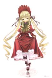 Rule 34 | 00s, 1girl, blonde hair, blue eyes, bonnet, bow, bowtie, clothes lift, dress, dress lift, drill hair, flower, full body, hat, hat ribbon, long hair, long sleeves, mary janes, reflection, ribbon, rose, rozen maiden, sabamu, shinku, shoes, simple background, skirt hold, solo, twin drills, twintails, very long hair, water, white background, white legwear