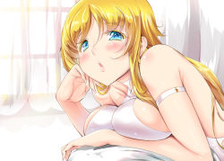 Rule 34 | 1girl, :o, arm strap, bare arms, blonde hair, blue eyes, blush, breasts, head rest, cleavage, large breasts, long hair, looking at viewer, open mouth, original, sideboob, solo, usyuuri