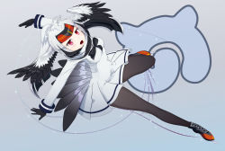 Rule 34 | 10s, 1girl, black hair, blonde hair, blush, bow, bowtie, feathered wings, gloves, grey background, grey hair, head wings, japari symbol, kemono friends, long hair, multicolored hair, open mouth, panties, pantyhose, ponytail, red eyes, red hair, scarf, simple background, skates, solo, tamakou, underwear, white-naped crane (kemono friends), white hair, wings