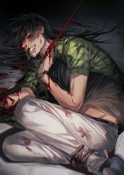 Rule 34 | 1boy, angry, black hair, black shirt, blood, blood on arm, blood on face, blue footwear, clenched teeth, commentary, full body, green shirt, hair between eyes, highres, itou kaiji, kaiji, leash, long bangs, long hair, male focus, on floor, open clothes, open shirt, pants, plaid, plaid shirt, pointy nose, pool of blood, shirt, shoes, short sleeves, sneakers, solo, suefu, symbol-only commentary, teeth, undershirt, watch, white eyes, white pants, wristwatch
