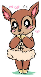 Rule 34 | 1girl, :&gt;, animal crossing, animal ears, animal feet, animal hands, animal nose, black sclera, blush, blush stickers, body fur, brown dress, brown fur, closed mouth, colored sclera, deer ears, deer girl, dress, fauna (animal crossing), female focus, flat chest, flying sweatdrops, fur-trimmed dress, fur trim, furry, furry female, hands up, happy, heart, highres, hooves, legs together, looking at viewer, negoya, nintendo, own hands together, short dress, simple background, sketch, sleeveless, sleeveless dress, smile, solo, two-tone fur, white background, white eyes