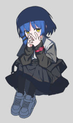 Rule 34 | 1girl, black pantyhose, black skirt, blue hair, bocchi the rock!, collared shirt, covered mouth, hair ornament, highres, looking at viewer, lurenjia, mole, mole under eye, multiple girls, pantyhose, pleated skirt, shirt, shirt tucked in, shoes, short hair, simple background, sitting, skirt, sneakers, white shirt, yamada ryo, yellow eyes