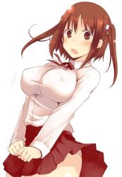 Rule 34 | 10s, 1girl, bad id, bad twitter id, blush, breasts, brown eyes, brown hair, clenched hands, collared shirt, ebina nana, covered erect nipples, himouto! umaru-chan, jpeg artifacts, large breasts, long sleeves, panties, ribbon, shirt, simple background, skirt, skirt tug, solo, theta (ponkotsu works), twintails, underwear, wavy mouth, white background, white panties, white shirt, wind, wind lift