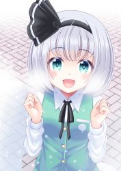 Rule 34 | 1girl, absurdres, black bow, black bowtie, black hairband, black ribbon, blush, bow, bowtie, breasts, buttons, collar, collared shirt, commentary request, dress, ghost print, gradient hair, green dress, green eyes, grey hair, hairband, hands up, highres, hitodama print, konpaku youmu, long sleeves, looking at viewer, medium breasts, multicolored hair, open mouth, reimei (r758120518), ribbon, shirt, short hair, smile, snow, snowing, solo, steam, tongue, touhou, white shirt