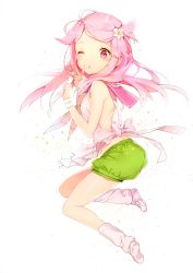 Rule 34 | 10s, 1girl, absurdres, anmi, fantasista doll, flower, full body, highres, long hair, one eye closed, open mouth, pink eyes, pink hair, pink shirt, scan, shimeji (fantasista doll), shirt, shoes, shorts, solo, white background, wink