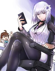 Rule 34 | 2girls, accelerator (toaru majutsu no index), ahoge, albino, alternate breast size, armchair, black choker, black pantyhose, black shirt, breasts, brown eyes, brown hair, chair, child, choker, collared shirt, commentary, crossed legs, ebora, english commentary, expressionless, flower, genderswap, genderswap (mtf), hair flower, hair ornament, highres, holding, holding phone, large breasts, last order (toaru majutsu no index), long sleeves, looking at another, looking at viewer, medium hair, multiple girls, necktie, on chair, pantyhose, pencil skirt, phone, purple necktie, red eyes, shirt, short hair, simple background, sitting, skirt, solo focus, striped clothes, striped vest, suzushina yuriko, table, toaru majutsu no index, toaru majutsu no index: genesis testament, toaru majutsu no index: new testament, vertical-striped clothes, vertical-striped vest, vest, white flower, white hair, white skirt, white vest