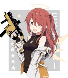 Rule 34 | 1girl, ;d, arknights, bad id, bad pixiv id, bare shoulders, black gloves, black shirt, blush, breasts, character name, cropped torso, dog tags, exusiai (arknights), fingerless gloves, gloves, gun, hair between eyes, halo, hand up, holding, holding gun, holding weapon, jacket, kataokasan, kriss vector, long hair, long sleeves, looking at viewer, medium breasts, off shoulder, one eye closed, one side up, open clothes, open jacket, open mouth, orange eyes, red hair, shirt, sidelocks, sleeveless, sleeveless shirt, smile, solo, star (symbol), submachine gun, weapon, white jacket