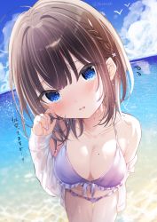 Rule 34 | 1girl, bad id, bad twitter id, bikini, blue eyes, blurry, blurry background, blush, braid, breasts, brown hair, cleavage, commentary request, day, depth of field, flying sweatdrops, gluteal fold, halterneck, hand up, head tilt, highres, horizon, long sleeves, looking at viewer, mafuyu (chibi21), medium breasts, mole, mole on breast, nail polish, navel, ocean, off shoulder, original, outdoors, parted lips, purple bikini, see-through, shirt, sleeves past wrists, smile, solo, standing, swimsuit, thigh gap, translation request, twitter username, water, wet, wet clothes, wet hair, wet shirt, white nails, white shirt