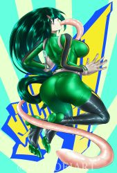 Rule 34 | 1girl, absurdres, aqua background, ass, asui tsuyu, belt, black thighhighs, blush stickers, bodysuit, boku no hero academia, breasts, evil-dei, from behind, full body, gloves, green background, green bodysuit, green hair, grey eyes, highres, long hair, long tongue, looking at viewer, medium breasts, soles, solo, thighhighs, tongue, tongue out