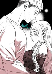 Rule 34 | 1boy, 1girl, absurdres, alternate hairstyle, bare shoulders, blush, closed mouth, dated, dress, dungeon meshi, ear blush, elf, face-to-face, floral print, hair down, height difference, highres, laios touden, long hair, long sleeves, looking at another, looking down, looking up, marcille donato, monochrome, pelt, perle arte, pointy ears, rose print, short hair, signature, sweatdrop, upper body