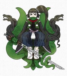 Rule 34 | 1other, adagumo no yaorochi, androgynous, black eyes, black hair, black kimono, black sleeves, blue hakama, blunt bangs, brown footwear, buttons, chikafumikou, commentary request, detached sleeves, dot nose, double-parted bangs, full body, green jacket, green scarf, hair ornament, hair scrunchie, hakama, hakama pants, high side ponytail, highres, holding, holding sword, holding weapon, jacket, japanese clothes, jinbaori, jinbei (clothes), kimono, len&#039;en, long hair, long sleeves, multiple tails, other focus, pants, pom pom (clothes), prehensile tail, red scarf, sandals, scarf, scrunchie, short kimono, simple background, sitting, sleeves past fingers, sleeves past wrists, snake, snake tail, socks, solo, straight-on, sword, sword of kusanagi, tail, tasouken, very long hair, wavy hair, weapon, white background, white scrunchie, white socks, wide sleeves, zouri