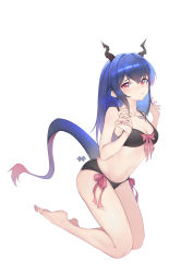 Rule 34 | 1girl, absurdres, alternate hairstyle, arknights, bare arms, bare legs, bare shoulders, barefoot, black bra, black panties, blue hair, bow, bow bra, bra, breasts, ch&#039;en (arknights), chinese commentary, cleavage, commentary request, dragon horns, dragon tail, hair between eyes, hair down, hands up, highres, horns, kneeling, long hair, looking at viewer, navel, panties, partial commentary, pink bow, red eyes, saw272, shadow, side-tie panties, small breasts, solo, stomach, tail, thighs, underwear, underwear only