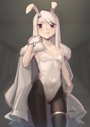 Rule 34 | 1girl, absurdres, alternate costume, animal ears, black pantyhose, boa (brianoa), breasts, choker, fake animal ears, fate/stay night, fate (series), gloves, highres, illyasviel von einzbern, leotard, licking lips, long hair, pantyhose, playboy bunny, rabbit ears, rabbit tail, red eyes, side-tie leotard, small breasts, solo, strapless, strapless leotard, tail, thigh strap, tongue, tongue out, white choker, white gloves, white hair, white leotard
