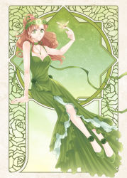 Rule 34 | 1girl, arm support, art nouveau, bare arms, bare shoulders, bishoujo senshi sailor moon, breasts, brown hair, bug, butterfly, choker, cleavage, collarbone, dress, earrings, flower, full body, green dress, green eyes, green footwear, green rose, hair ribbon, head wreath, bug, jewelry, jupiter symbol, kino makoto, laurel crown, long hair, necklace, nickii25, ponytail, princess, princess jupiter, ribbon, ribbon choker, rose, shoes, sitting, smile, solo