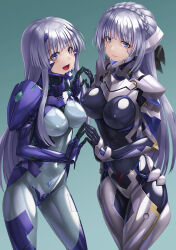 Rule 34 | 2girls, black bodysuit, blue bodysuit, blue eyes, bodysuit, covered erect nipples, covered navel, cryska barchenowa, fortified suit, grey hair, highres, impossible bodysuit, impossible clothes, inia sestina, kurione (zassou), long hair, looking at viewer, multiple girls, muv-luv, muv-luv alternative, muv-luv total eclipse, pilot suit, skin tight