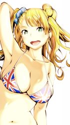 Rule 34 | 1girl, arm up, armpits, asymmetrical hair, bikini, blonde hair, breasts, cleavage, collarbone, fukushima masayasu, galko, green eyes, hair bun, highres, large breasts, long hair, looking at viewer, navel, one side up, open mouth, oshiete! galko-chan, print bikini, scrunchie, side bun, single hair bun, single side bun, smile, solo, swimsuit, union jack, upper body
