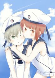 Rule 34 | 10s, 2girls, ;o, adapted costume, anchor, blush, brown eyes, brown hair, cheek-to-cheek, clothes writing, dress, green eyes, hands on another&#039;s shoulders, hat, heads together, hug, kantai collection, multiple girls, neckerchief, one eye closed, pout, sailor collar, sailor dress, sailor hat, shimesaba (simesabaikka), short hair, silver hair, sleeveless, sleeveless dress, white hat, z1 leberecht maass (kancolle), z3 max schultz (kancolle)