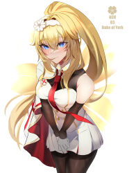 1girl absurdres bare_shoulders black_gloves black_pantyhose blonde_hair blue_eyes blush breasts cape character_name chinese_commentary closed_mouth commentary dress duke_of_york_(warship_girls_r) elbow_gloves english_text flower gloves hair_between_eyes hair_flower hair_ornament hair_ribbon hairband high_ponytail highres large_breasts long_hair looking_at_viewer necktie own_hands_together pantyhose pleated_skirt ponytail red_necktie ribbon sidelocks simple_background single_sidelock skirt sleeveless smile solo standing v_arms very_long_hair warship_girls_r white_background white_gloves white_skirt yuanhenglizhen_shi