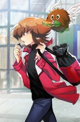 Rule 34 | 1boy, black shirt, brown eyes, brown hair, burger, commentary, denim, duel academy uniform (yu-gi-oh! gx), duel monster, eating, food, from side, hair between eyes, highres, jacket, jeans, long sleeves, male focus, multicolored hair, onigiri, open clothes, open jacket, open mouth, pants, profile, red jacket, school uniform, shirt, short hair, sk816, solo, symbol-only commentary, two-tone hair, walking, winged kuriboh, yu-gi-oh!, yu-gi-oh! gx, yuki judai