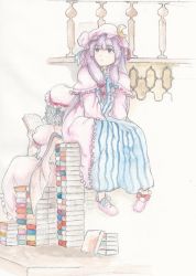 Rule 34 | 2girls, back-to-back, bat wings, blouse, blue hair, book, book stack, capelet, crescent moon, dole (artist), eyebrows, hat, highres, long hair, looking away, mob cap, moon, multiple girls, open book, pajamas, patchouli knowledge, purple eyes, purple hair, railing, reading, remilia scarlet, shirt, shoes, short hair, sitting, skirt, striped, touhou, traditional media, wings