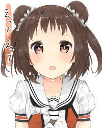 Rule 34 | 10s, 1girl, blush, brown eyes, brown hair, crying, crying with eyes open, double bun, gloves, hair bun, hair ornament, highres, kantai collection, looking at viewer, max melon, naka (kancolle), naka kai ni (kancolle), neckerchief, open mouth, pov, puffy short sleeves, puffy sleeves, sailor collar, short hair, short sleeves, simple background, solo, tears, translation request, twintails, upper body, white background, white gloves