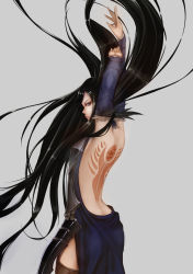 Rule 34 | 1girl, arms up, back tattoo, backless outfit, bare back, black hair, blue eyes, boots, bridal gauntlets, castlevania (series), detached sleeves, grey background, highres, long hair, looking at viewer, makura (humoffu), pout, shanoa, simple background, solo, tattoo, thigh boots, thighhighs, thighs, very long hair