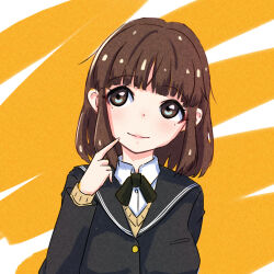 Rule 34 | 1girl, amagami, averting eyes, birthday, black bow, black bowtie, black jacket, blazer, blunt bangs, bob cut, bow, bowtie, breasts, brown eyes, brown hair, brown sweater, close-up, closed mouth, commentary, dress shirt, finger to mouth, hair strand, highres, index finger raised, jacket, kibito high school uniform, large breasts, light blush, light smile, long sleeves, looking to the side, looking up, medium breasts, medium hair, orange background, oshizu, pink lips, portrait, school uniform, shirt, smile, solo, sweater, tanaka keiko (amagami), thinking, white background, white shirt
