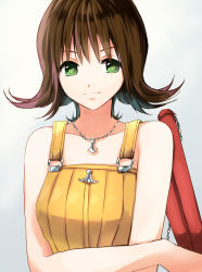 Rule 34 | 1girl, breasts, brown hair, closed mouth, dress, final fantasy, final fantasy viii, flipped hair, green eyes, highres, himasen, looking at viewer, nunchaku, selphie tilmitt, short hair, simple background, smile, solo, weapon, yellow overalls