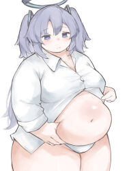 Rule 34 | 1girl, acorn12 o, alternate body size, belly grab, blue archive, blue eyes, blue hair, blush, breasts, closed mouth, collared shirt, commentary request, cowboy shot, dot nose, fat, hair between eyes, halo, highres, large breasts, long hair, long sleeves, looking at viewer, navel, no pants, partially unbuttoned, shirt, simple background, solo, thick thighs, thighs, white background, white shirt, yuuka (blue archive)