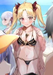 Rule 34 | 1boy, 3girls, absurdres, ahoge, bikini, black hair, blonde hair, blurry, blurry background, blurry foreground, blush, bow, breasts, collarbone, commentary request, cowboy shot, depth of field, earrings, ereshkigal (fate), fate/grand order, fate (series), fujimaru ritsuka (male), hair bow, highres, itame moyashi, jewelry, kama (fate), large breasts, long hair, looking at viewer, meltryllis (fate), multiple girls, navel, necklace, ocean, profile, red bow, red eyes, short hair, side-tie bikini bottom, silver hair, skull necklace, summer, swimsuit, tearing up, twintails