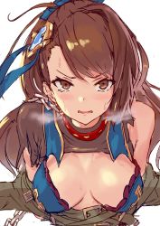 Rule 34 | 1girl, absurdres, bad id, bad twitter id, bare shoulders, beatrix (granblue fantasy), blue ribbon, blush, bound, breasts, brown eyes, brown hair, chain, cleavage, collar, granblue fantasy, hair ornament, hair ribbon, highres, large breasts, long hair, looking at viewer, nishin (nsn 0822), open mouth, ponytail, ribbon, simple background, solo, swept bangs, torn clothes, white background