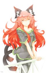 Rule 34 | 1girl, animal ears, bare shoulders, cat ears, cat tail, contemporary, denim, hair down, highres, jeans, kaenbyou rin, multiple tails, pants, pointy ears, psychopath idiot, railing, red eyes, red hair, smile, tail, touhou