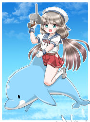 Rule 34 | 1girl, adapted turret, blue sailor collar, blue sky, cannon, cloud, dolphin, full body, gloves, green eyes, grey hair, hat, hip vent, kantai collection, long hair, low twintails, masara (chuujou), mikura (kancolle), pleated skirt, puffy short sleeves, puffy sleeves, red skirt, riding, sailor collar, sailor hat, sailor shirt, shirt, shoes, short sleeves, skirt, sky, socks, turret, twintails, undershirt, uwabaki, white gloves, white legwear, white shirt