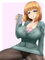 Rule 34 | 1girl, :q, amau (kosmos), beer can, black pantyhose, blue eyes, blunt bangs, blush, bob cut, breasts, brown hair, can, cleavage, collarbone, covered erect nipples, drink can, formal, highres, large breasts, long sleeves, looking at viewer, miniskirt, office lady, panties, panties under pantyhose, pantyhose, pencil skirt, shinsotsu nanafushigi, short hair, skirt, skirt suit, solo, spread legs, suit, thighs, tongue, tongue out, underwear