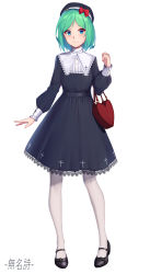 Rule 34 | 1girl, absurdres, arnold-s, bag, beret, black dress, black footwear, blue eyes, blush, bow, cross, dress, full body, green hair, handbag, hat, hat bow, heart, high heels, highres, lace, lace-trimmed dress, lace trim, lolita fashion, looking at viewer, mary janes, original, pantyhose, shoes, short hair, smile, solo, standing, white pantyhose