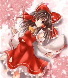 Rule 34 | 1girl, ascot, bow, brown hair, closed mouth, collared shirt, commentary request, detached sleeves, falling petals, feet out of frame, frilled bow, frilled shirt collar, frilled skirt, frills, hair bow, hair tubes, hakurei reimu, long hair, looking at viewer, momozakura nanao, petals, red bow, red eyes, red shirt, red skirt, ribbon-trimmed sleeves, ribbon trim, shirt, sidelocks, skirt, skirt set, sleeveless, sleeveless shirt, smile, solo, touhou, white sleeves, wide sleeves, yellow ascot