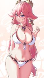 Rule 34 | 1girl, :d, absurdres, animal ears, arm behind back, bad id, bad pixiv id, bare shoulders, bikini, blush, breasts, commentary request, cowboy shot, fox ears, genshin impact, groin, hair between eyes, hand up, highres, jewelry, large breasts, long hair, looking at viewer, navel, necklace, open mouth, pink hair, purple eyes, smile, solo, standing, stomach, swimsuit, thighs, very long hair, white bikini, yae miko, yongchyan