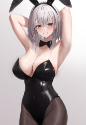 Rule 34 | 1girl, armpits, arms up, black bow, black bowtie, black leotard, bow, bowtie, breasts, covered navel, green eyes, grey hair, grin, haro art, highres, hololive, large breasts, leotard, looking at viewer, medium hair, pantyhose, playboy bunny, shirogane noel, smile, solo, virtual youtuber