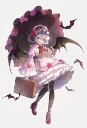 Rule 34 | 1girl, animal, ascot, bag, bat (animal), bat wings, black bow, black bowtie, bow, bowtie, breasts, brown bag, chain, collared dress, corset, dress, dress bow, flower, flying, frills, full body, gem, gold chain, gothic lolita, grey pantyhose, hair between eyes, hair bow, hair flower, hair ornament, hairband, hand up, highres, holding, holding bag, holding umbrella, jewelry, juliet sleeves, kyusoukyu, leaf, leaf hair ornament, leg up, lolita fashion, long sleeves, looking at viewer, medium breasts, open mouth, pantyhose, pink bow, pink dress, pink flower, pink hairband, pink headwear, pink rose, puffy sleeves, purple footwear, purple hair, red ascot, red bow, red gemstone, remilia scarlet, rose, shoes, short hair, simple background, smile, solo, sparkle, standing, standing on one leg, sweet lolita, touhou, umbrella, white background, wide sleeves, wings
