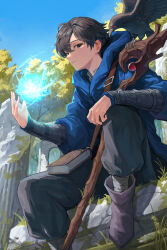 Rule 34 | 1boy, absurdres, bandages, bird, black hair, black pants, blue hoodie, blue sky, book, bracer, broken pillar, casting spell, character request, cho gum, closed mouth, commentary request, crow, energy, glowing, grey eyes, grimoire, highres, holding, holding staff, hood, hoodie, korean commentary, looking at viewer, mage staff, magic, novelpia, overgrown, pants, sitting, sky, solo, staff, strap, tree