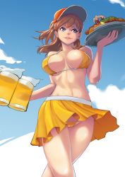 Rule 34 | 1girl, alcohol, beer, beer mug, bikini, blue eyes, blush, breasts, brown hair, cloud, cup, day, covered erect nipples, food, hat, highres, holding, large breasts, long hair, mug, navel, orange bikini, orange skirt, parted lips, sharlona, skirt, sky, smile, solo, swimsuit, tray, upskirt, yellow bikini